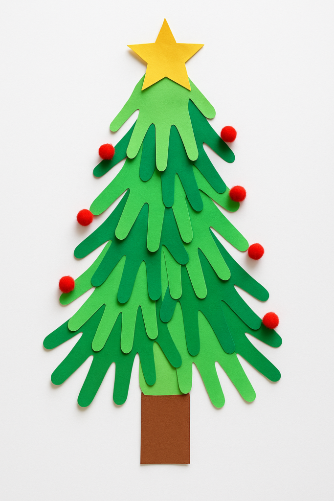 family handprint Christmas tree craft layered by size