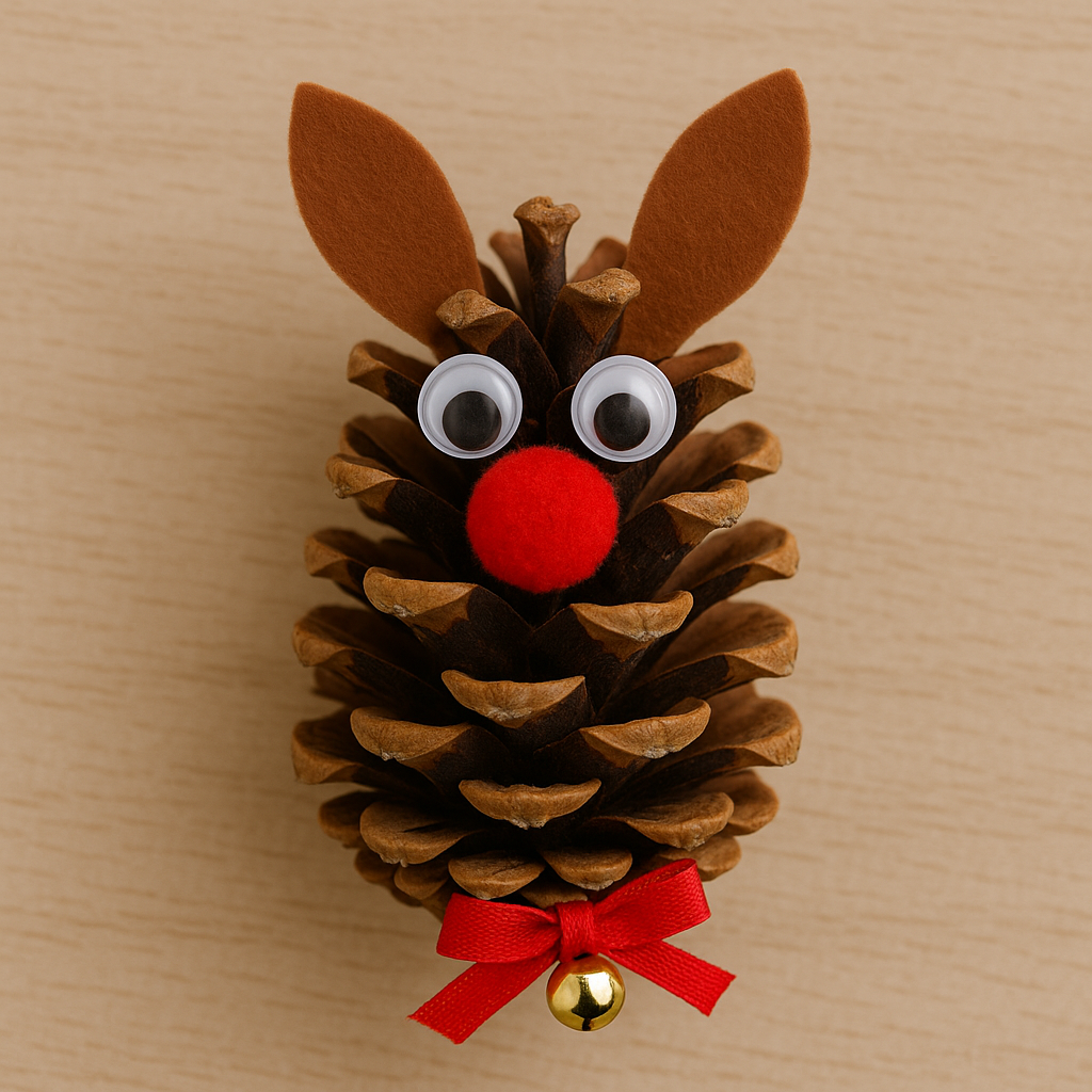 pinecone reindeer craft with googly eyes and red nose